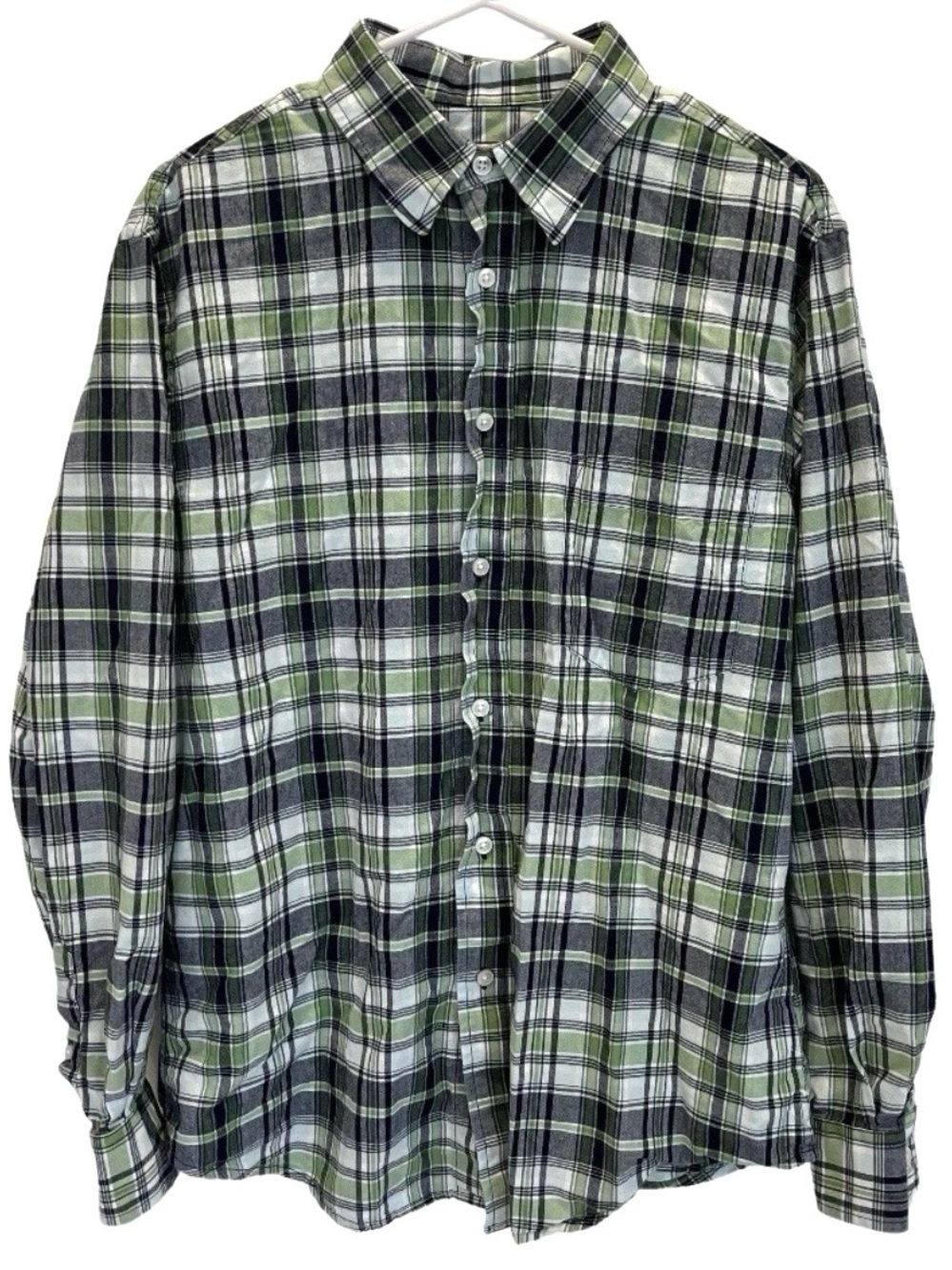 Merona Mens M Button Down Shirt Green Black Plaid Long Sleeve Cotton Casual
